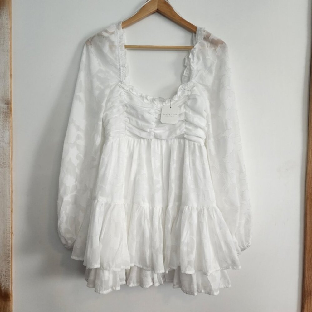 Altar'd State Clairyn Tiered White Mini Dress with Sheer Sleeves-Size S- NWT